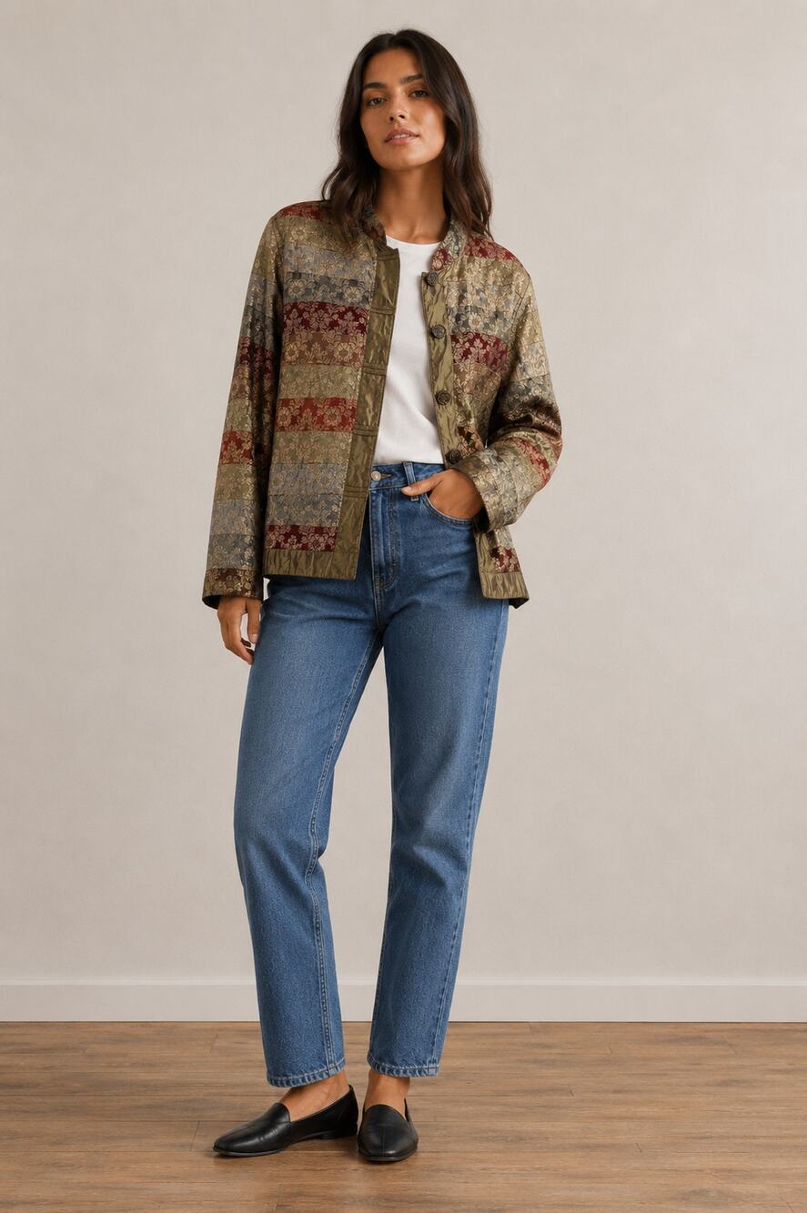 Coldwater Creek Shacket  Jacket Metallic Floral Boho Artsy Eclectic Silk-P Med